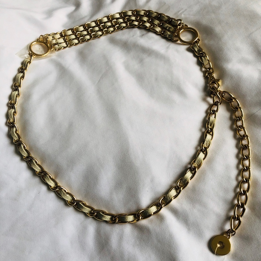 Gold white leather chain belt with clasp